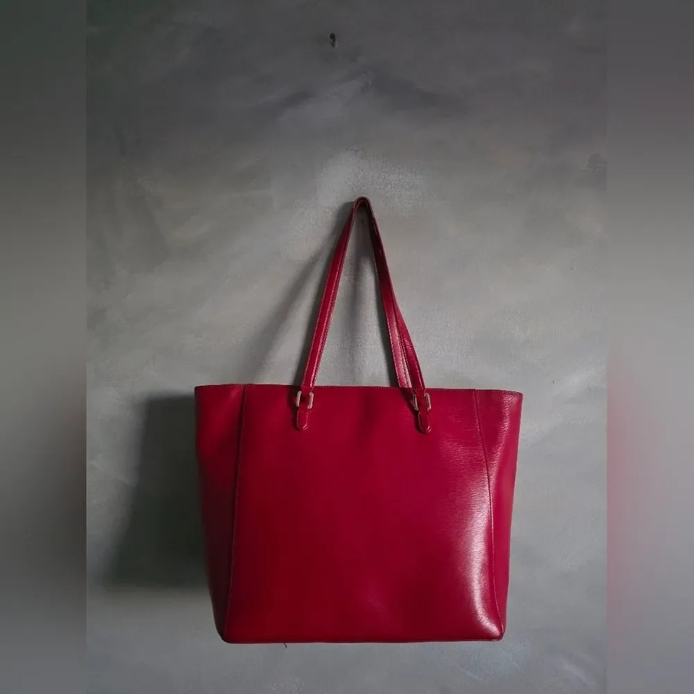 Ralph Lauren Red Saffiano Leather Tote Shoulder Handbag Gold Accents 18x11x7